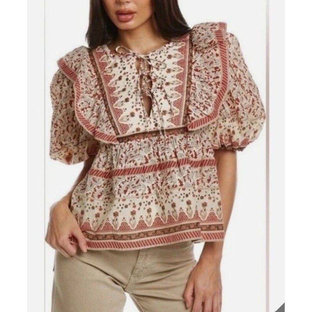 Calypso St Barth Top Medium Puff  Sleeve Floral Paisley Blouse Quilted Boho Twee